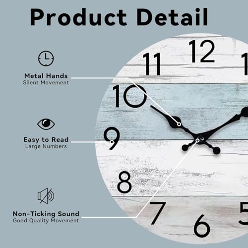 KECYET 12 Inch Wall Clock, Silent Battery Operated Analog Clock, Blue White | Beach Style | Coastal Decorative | Kitchen | Bathroom | Bedroom | Living Room | Pool | House