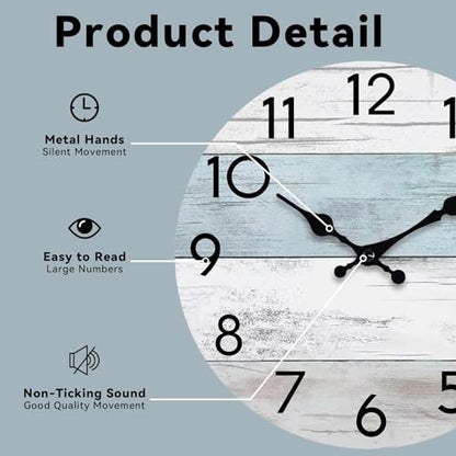 KECYET 12 Inch Wall Clock, Silent Battery Operated Analog Clock, Blue White | Beach Style | Coastal Decorative | Kitchen | Bathroom | Bedroom | Living Room | Pool | House