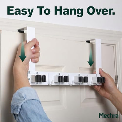 Over The Door Broom and Mop Holder, Heavy Duty Stainless Steel Organizer with 4 Slots and 3 Hooks, No Drilling Space Saving Tool Hanger for Kitchen, Laundry Room, Closet, and Garage - White