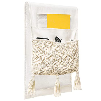 Mkono Macrame Armchair Caddy, Boho Couch Armrest Organizer, 4 Pockets Beige | Sofa Bedside Caddy, Remote Control Magazine Phone Holder, Living Room Bedroom Dorm, Boho Decor, Space-Saving Storage