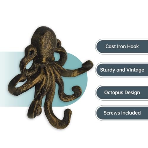 Octopus Cast Iron Wall Hook – Nautical Decorative Key Holder, Coastal Ocean Theme Animal Hook for Entryway, Bathroom, or Bedroom, Heavy Duty Antique Bronze