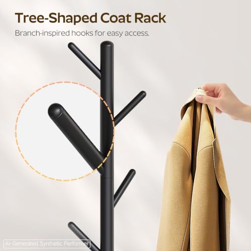 Coat Rack Freestanding with Umbrella Holder, Coat Rack Stand with 8 Hooks, Heavy Duty Coat Tree for Entryway, Modern Clothing Rack, Metal Coat Hanger Stand for Bedroom, Office, Black YM03BB