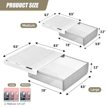 2Pcs Under Desk Storage Drawers Slide Out,Large&Medium,Stick On Drawers,Under Desk Organizer Hidden Under Table Drawer for Home Office School Organization and Storage-Clear White