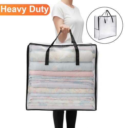 Fasmov 4 Pack Oversized Clear Storage Bag with Handles and Zippers, Vinyl Storage Bag for Comforter, Blanket, Bedding, Duvet, Transparent Moving Tote, Under the Bed Storage, Garage Organizer