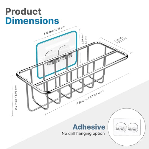 KESOL Adhesive Kitchen Sink Sponge Holder, 2-in-1 Kitchen Sink Caddy Silver | Dish Cloth Hanger, Soap Holder, 304 Stainless Steel Rust Proof, In Sink sponge holder, Water Proof, No Drilling