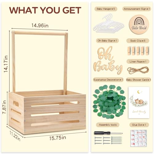 Wooden Baby Shower Crate Closet - Personalized Baby Gift Baskets with Hangers, Large Newborn Boys Girls Clothes Storage Box for Newborn New Parent