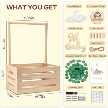 Wooden Baby Shower Crate Closet - Personalized Baby Gift Baskets with Hangers, Large Newborn Boys Girls Clothes Storage Box for Newborn New Parent