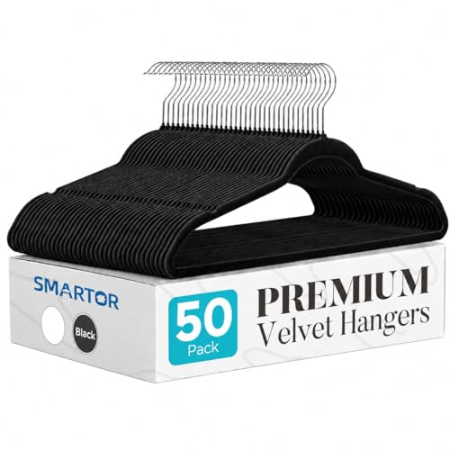 Black Velvet Hangers 50 Pack, Non Slip Space-Saving Clothes Hangers | Premium Slim Felt Hanger for Closet Organizers and Storage, Heavy Duty Hanger with Shoulder Notches and 360° Hooks for Coats
