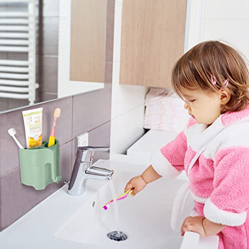Elephant Toothbrush Holder for Kids,Cute Toddler Toothbrush Holder, Suction Cup Electric Toothbrush and Toothpaste Holder for Toddler with 3 Slots and a Hook for Hanging Bath Ball, Green