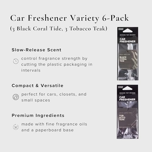 Broken Top Geotanical Car Air Freshener Variety Pack, 6 Pack, 2 Scents | Includes Black Coral Tide and Tobacco Teak hanging fresheners, 3 each