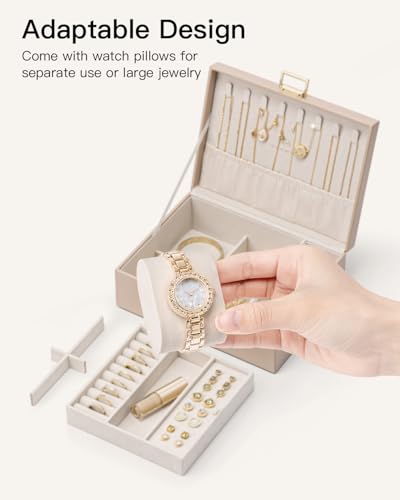 VLANDO Jewelry Organizer, 2-Layer Design with Tray and Watch Pillow,Toffee | Generous Space Stores All Kinds of Jewelry Tidily,Elegant Look Serves as a Nice Birthday and Holiday Gift for Ladies