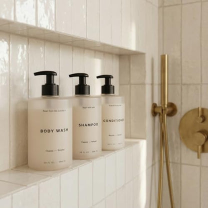 Stylish Shampoo and Conditioner Dispenser Set of 3 - Modern 20oz Shower Soap Bottles with Pump and Labels - Easy to Refill Body Wash Dispensers for an Instant Bathroom Decor Upgrade