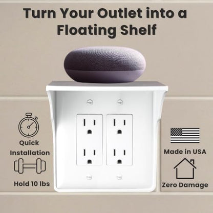 Power Perch Double Outlet Shelf Organizer - Echo Dot Holder, Phone Charging Station - Wall Outlet Holder with Cord Storage Strap - Socket Shelf Bathroom Kitchen Counter - White 1 Pack