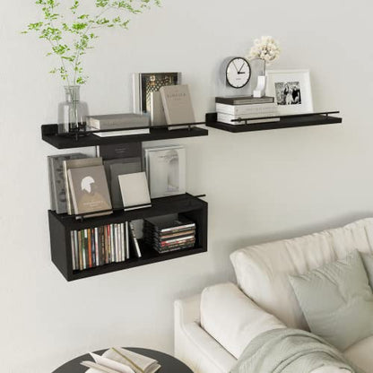 Floating Shelves for Wall with Cube Shelf, Wall Shelves with Metal Rail for Bathroom Decor, Bathroom Organizers and Storage, Over Toilet Shelves for Toilet Paper-Black