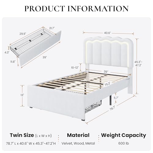 SHA CERLIN Twin Size Bed Frame with LED Lights and Storage Drawer, White