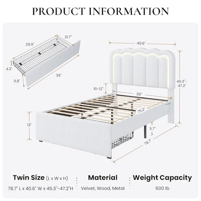 SHA CERLIN Twin Size Bed Frame with LED Lights and Storage Drawer, White