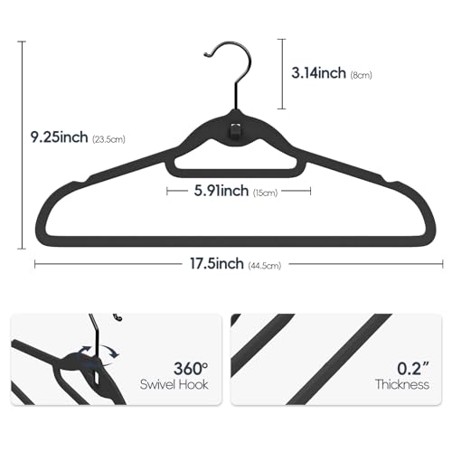 Velvet Stackable Hangers 50 Pack Space Saving Cascading Hook Black | Ultra Thin, Non Slip Felt, Heavy Duty With 360° Swivel Hook, Shoulder Notches, for Suit Shirt Pant Dress Coat