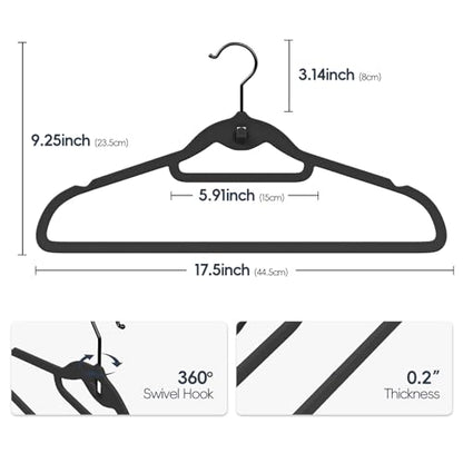 Velvet Stackable Hangers 50 Pack Space Saving Cascading Hook Black | Ultra Thin, Non Slip Felt, Heavy Duty With 360° Swivel Hook, Shoulder Notches, for Suit Shirt Pant Dress Coat