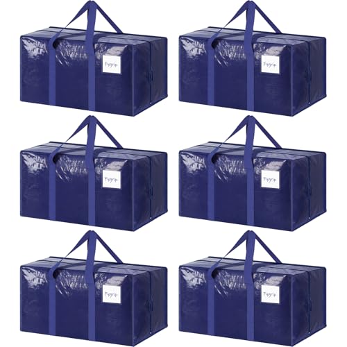 6 Pack Extra Heavy Duty Large Moving Bags with Strong Zipper, Dark Blue | Comfortable Handles, Sturdy & Durable Clothes Storage Bags Totes Bins, Blue Packing Moving Boxes for College Supplies