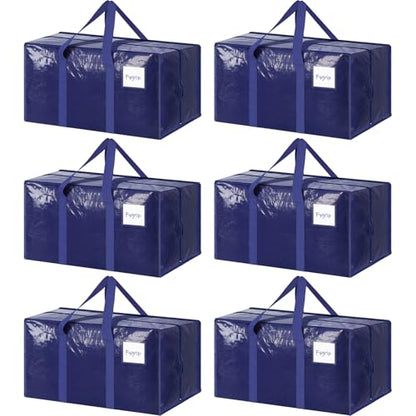 6 Pack Extra Heavy Duty Large Moving Bags with Strong Zipper, Dark Blue | Comfortable Handles, Sturdy & Durable Clothes Storage Bags Totes Bins, Blue Packing Moving Boxes for College Supplies