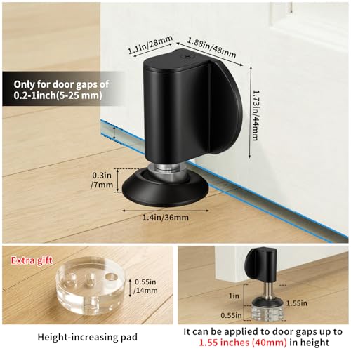 Magnetic Door Stoppers - Double Magnet Door Catch, Door Holder, | Stainless Steel Retractable Bottom of Door stop, Suits Gaps Within 1.5"Keep Door Open, No Drill 3M Adhesive & Screws-Black1Pc