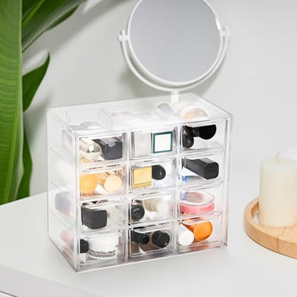 2 Pack Mini Desk Organizer with 12 Removable Drawers, Clear Plastic Desktop Drawer Organizer, Desk Craft Storage Box for DIY Crafts, Art Supply, Office, Cosmetic, Jewelry