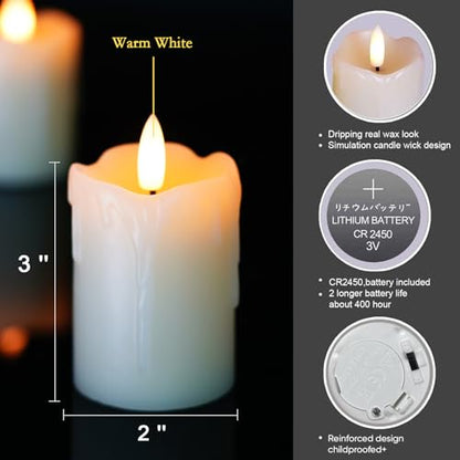 3"Battery Operated Flameless Votive Candles, Real Wax, Remote Timer, 6Pack | Multi brightness adjust, 2/4/6/8h cycle timer, 400h runtime, pre-installed CR2451 batteries, Black Wick, wedding decor