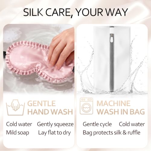 Silk Sleep Mask for Women, 100% Mulberry Silk Eye Sleeping Mask & Blindfold with Adjustable Strap, Ruffled Edge & Laundry Bag, Blackout Soft Eye Cover for Travel, Nap, Night Shift,Pink