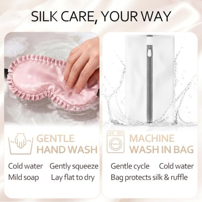 Silk Sleep Mask for Women, 100% Mulberry Silk Eye Sleeping Mask & Blindfold with Adjustable Strap, Ruffled Edge & Laundry Bag, Blackout Soft Eye Cover for Travel, Nap, Night Shift,Pink