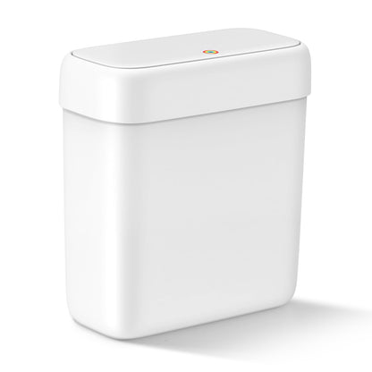 Small Bathroom Trash Can with Lid, 2.6 Gallon Garbage Can with Pop-Up Lid | Press Top Lid, Dog Proof, Slim for Small Space, Premium Plastic, Easy to Use Waste Basket for Room, Office, Toilet, Rv, White