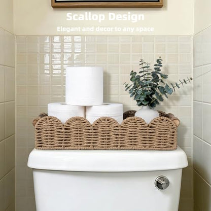 CubesLand Bathroom Basket Organizer, Toilet Decor Basket W/Cut Out Handle | Wicker Toilet Paper Storage Basket Tray, Scalloped Basket for Bathroom Countertop Decorative Also for Home Decor, Neutral