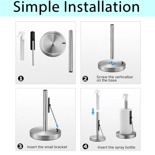 2-in-1 Standing Paper Towel Holder with Spray Bottle, Paper Towel Stand with Suction Base & Weighted Arm for Kitchen, Countertop, Stainless Steel Brushed Nickel Finish (Black)