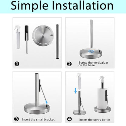 2-in-1 Standing Paper Towel Holder with Spray Bottle, Paper Towel Stand with Suction Base & Weighted Arm for Kitchen, Countertop, Stainless Steel Brushed Nickel Finish (Black)