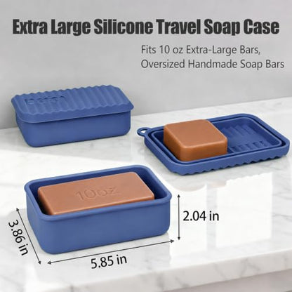 Extra Large Silicone Travel Soap Case, Leak Proof Bar Soap Holder & Container for Extended Trips, Camping & Gym,Truck Drivers, Fits 10oz Duke Cannon, Shampoo & Conditioner Bars (Deep Blue)