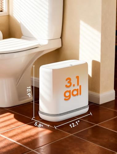 Dog Proof Small Bathroom Trash Can with Lid, Slim Press Top Garbage Can, Narrow White Plastic Waste Basket, for Bathroom Bedroom Office 3.1 Gal with 5 Rolls 75 Trash Bags