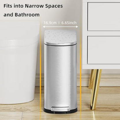 KSSKSS 2.6 Gallon Slim Bathroom Trash Can with Soft Close Lid, 10L Stainless Steel Garbage Can with Removable Liner Bucket, for Narrow Spaces,Bathroom, Bedroom (Silver)