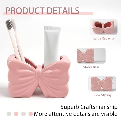 Bow Toothbrush Holder, Pink Ceramic Multi-Purpose 2-Section Organizer for Bathroom, Kitchen, Bedroom, Office Decor