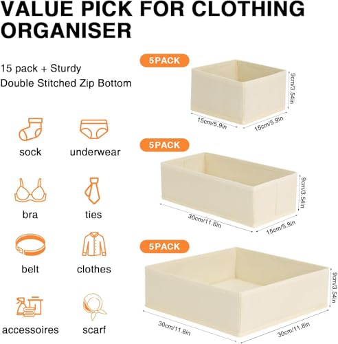 DIMJ Drawer Organizer Clothes 15 Pack - Foldable Baby Organizers and Storage & Closet Organizers for Bedroom, Closet - Nursery Organization Dresser Dividers for underwear, Sock,Bra, Belt, Tie, Beige