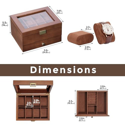 ProCase Wooden Watch Case, 8 Slot Mens Watch Box with Drawer, 2-Layer Mens Jewelry Box Storage Holder Organizer Display Case, Fathers Day Gift, Anniversary Birthday Gifts for Men Women -8 Slot, Brown