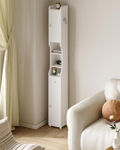 HEXCELEN Bathroom Storage Cabinet,Tall Narrow Bathroom Cabinet White | Narrow Tall, Freestanding Floor Cabinet, 2 Doors and 1 Drawer, Adjustable Shelf, 1 Hook