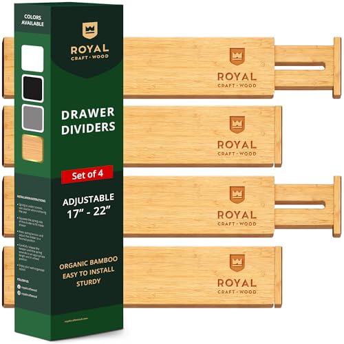 Bamboo Drawer Dividers Organizers, Adjustable Drawer Separator Splitters, 17–22 Inches Expandable Drawer Divider Organizer for Large Utensils, Kitchen, Bedroom, Dresser & Office Drawers 4-Pack