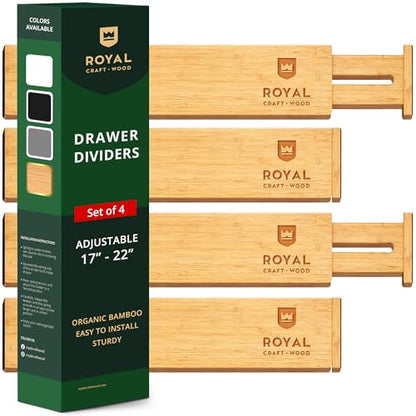 Bamboo Drawer Dividers Organizers, Adjustable Drawer Separator Splitters, 17–22 Inches Expandable Drawer Divider Organizer for Large Utensils, Kitchen, Bedroom, Dresser & Office Drawers 4-Pack