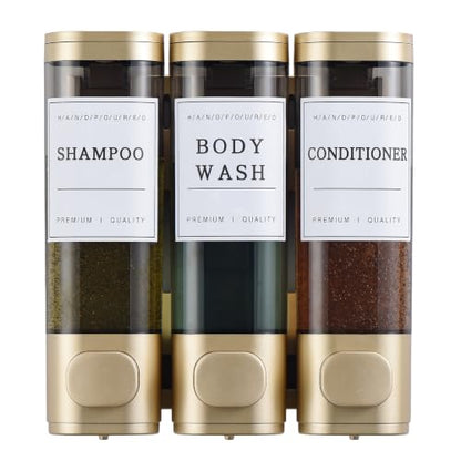 Shampoo and Conditioner Dispenser,Shower Soap Dispenser 3 Chamber No Drill Wall-Mounted for Bathroom & Hotel Leak-Proof Pumps, for Thick Liquids Like Conditioner - 1050ML High Capacity,Gold