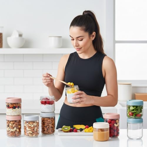 Glass Meal Prep Jar Set, 8 Pack Overnight Oats Containers with Lids