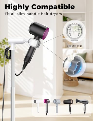 Hands-Free Hair Dryer Stand for Blow Dryers Hairdryer Holder for Families & Pet Grooming Bathroom Use Hair Dryer Holder with Anti-Slip Stable Base, Adjustable Height 16.7 - 50 Inch