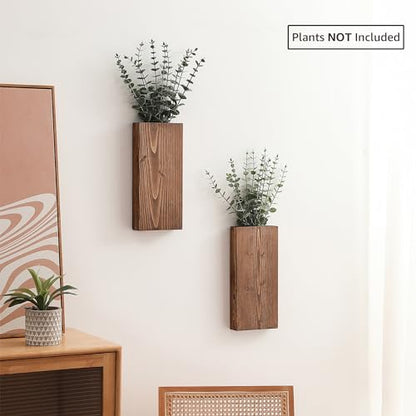 Wood Wall Planter Set of 2, Wood Wall Pocket for Greenery and Dried Flowers, Indoor Hanging Vase, Modern Farmhouse Wall Decor for Living Room Bedroom Office Eucalyptus Stems Decorations (Walnut)