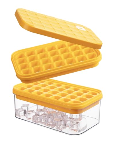 Brigii Ice Cube Tray with Lid & Storage Bin, 56 Cubes Ice Trays for Freezer | Silicone bottom easy release, press-to-pop, 2 trays 56 cubes, storage bin and scoop, BPA-free, stackable, for whiskey