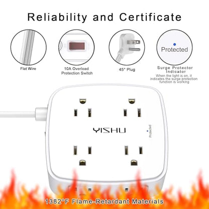 6 Ft Surge Protector Power Strip - YISHU 8 Widely Outlets with 4 USB Ports, 3 Side Outlet Extender with 6 Feet Flat Extension Cord, Ultra Flat Plug, Wall Mount, Desk USB Charging Station, ETL, White
