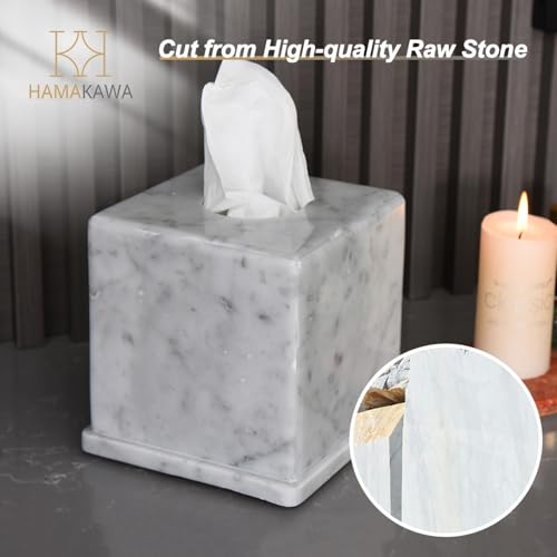 Natural Marble Tissue Box Cover, Carrara White Tissue Organizer 6 x 6 x 5.7 inch, Heavy Stone Decorative Box, Square Tissue Box Holder for Home Decor, Kitchen, Bathroom, Bedroom