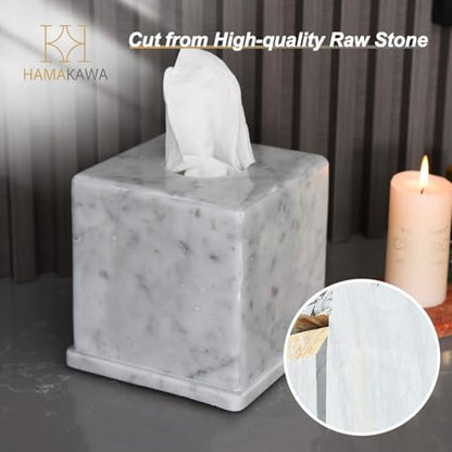 Natural Marble Tissue Box Cover, Carrara White Tissue Organizer 6 x 6 x 5.7 inch, Heavy Stone Decorative Box, Square Tissue Box Holder for Home Decor, Kitchen, Bathroom, Bedroom